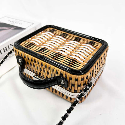 Chanel Small Vanity Case Camera Bag, 19S Cruise Collection, Raphia & Patent Calfskin, Silver-tone Metal Hardware