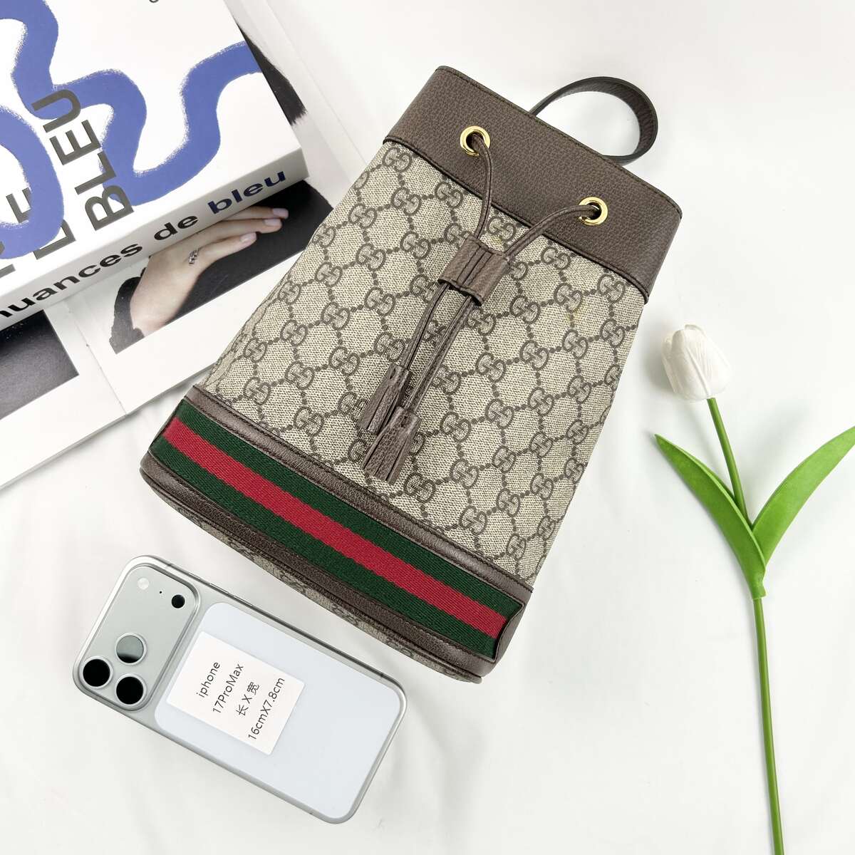 Gucci Ophidia Mini Bucket Crossbody Bag, GG Supreme Coated Canvas & Brown Leather Trim, Web Stripe Detail, Drawstring Closure with Detachable Shoulder Strap