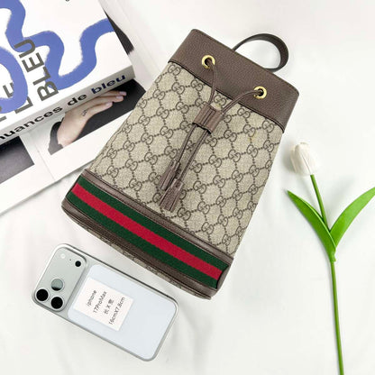 Gucci Ophidia Mini Bucket Crossbody Bag, GG Supreme Coated Canvas & Brown Leather Trim, Web Stripe Detail, Drawstring Closure with Detachable Shoulder Strap