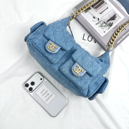 Chanel Hobo Shoulder Bag, 25C Cruise Collection, Blue Denim Fabric, Gold-tone Metal Hardware