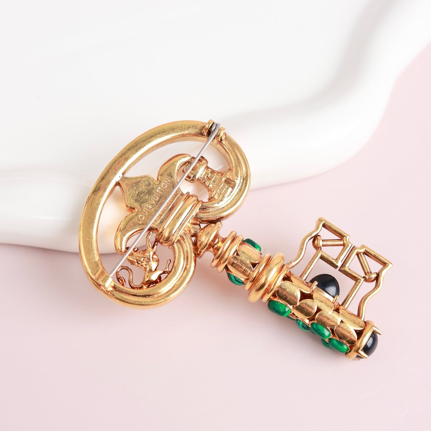 Louis Vuitton × Fornasetti Limited Edition Antique Key Convertible Brooch & Pendant Necklace, Gold Metal with Malachite Inlay, Ancient Greek Motif