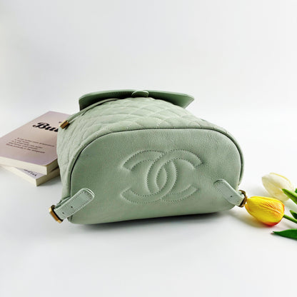 CHANEL CC Filigree Quilted Caviar Leather Drawstring Backpack（Light Green, Gold-Tone Hardware）