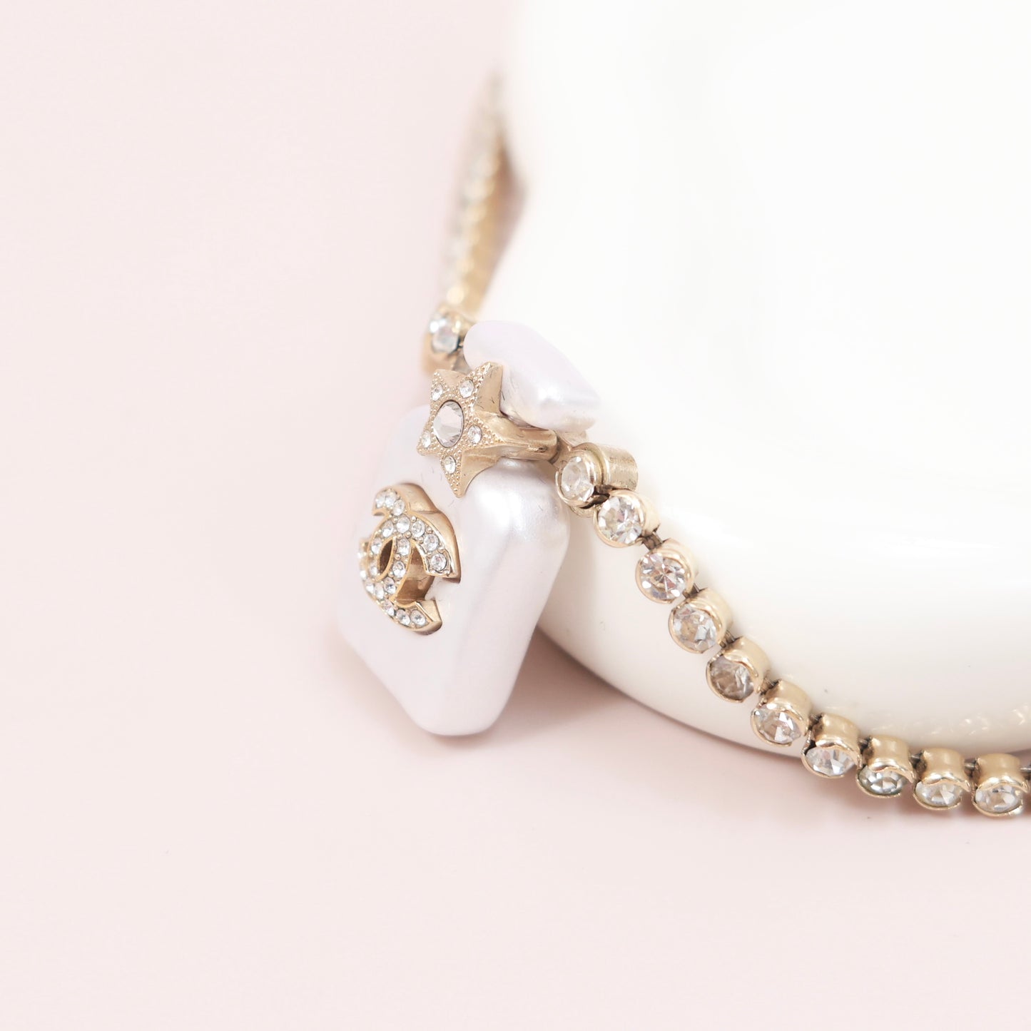 Chanel Perfume Bottle Pendant Necklace, Crystal & Imitation Pearl, Gold-tone Metal Setting