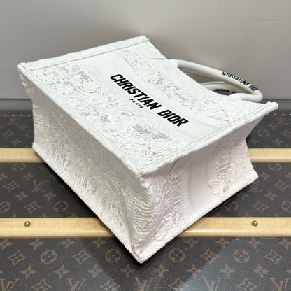 Dior Medium Book Tote, Limited Edition White Butterfly Embroidery Raffia & Canvas Tote Bag