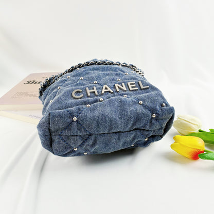 Chanel Mini 22 Handbag, Washed Denim with Stud Detail, Silver-Tone Metal Hardware（24S Collection）