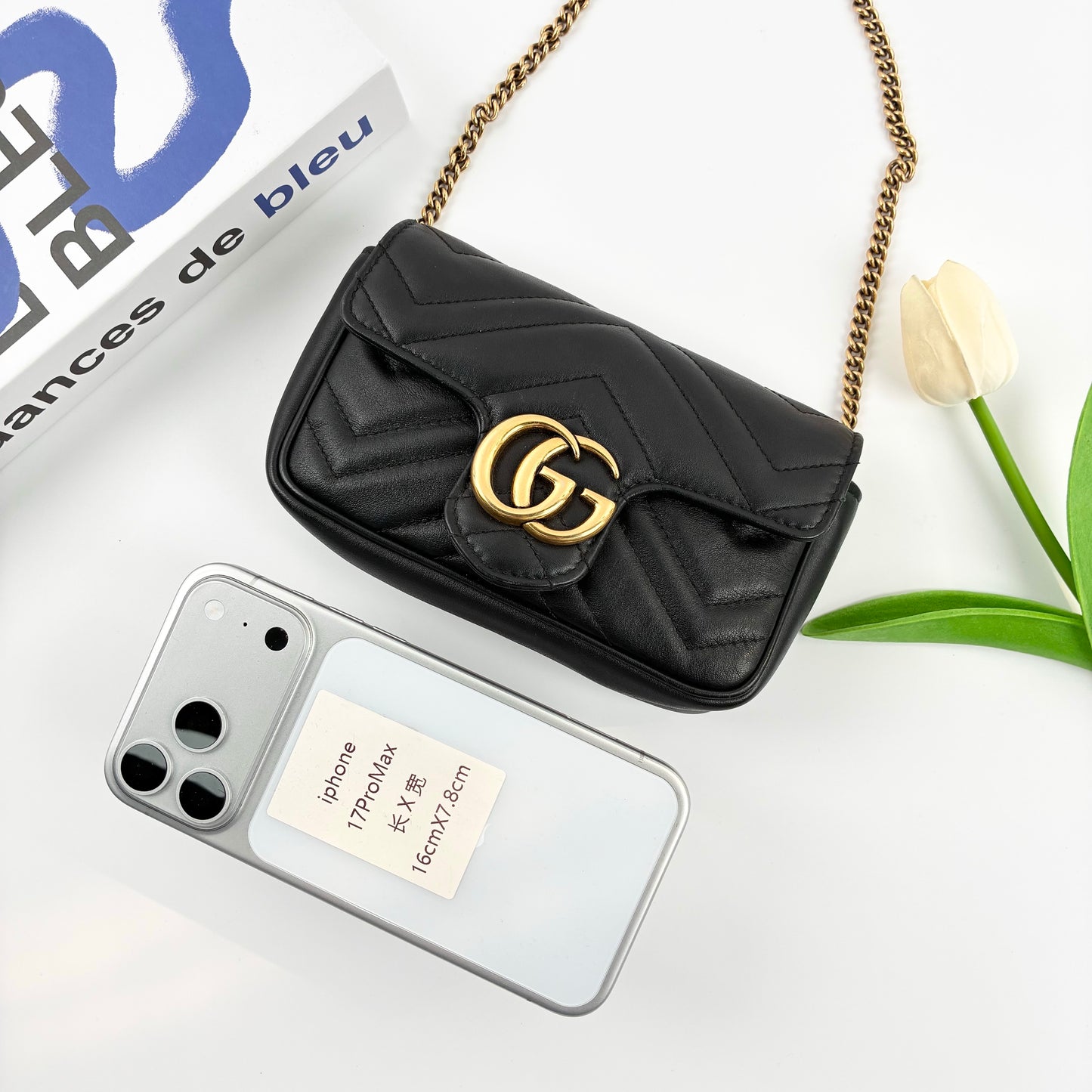 Gucci Super Mini GG Marmont Shoulder Bag, Black Chevron Quilted Matelassé Calfskin, Antique Gold Double G Hardware