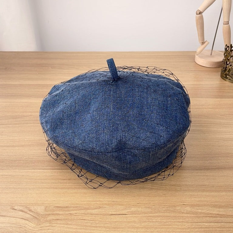 Dior Arty Beret, Blue Denim Cotton with Black Veil Netting, Gold Metal Dior Logo