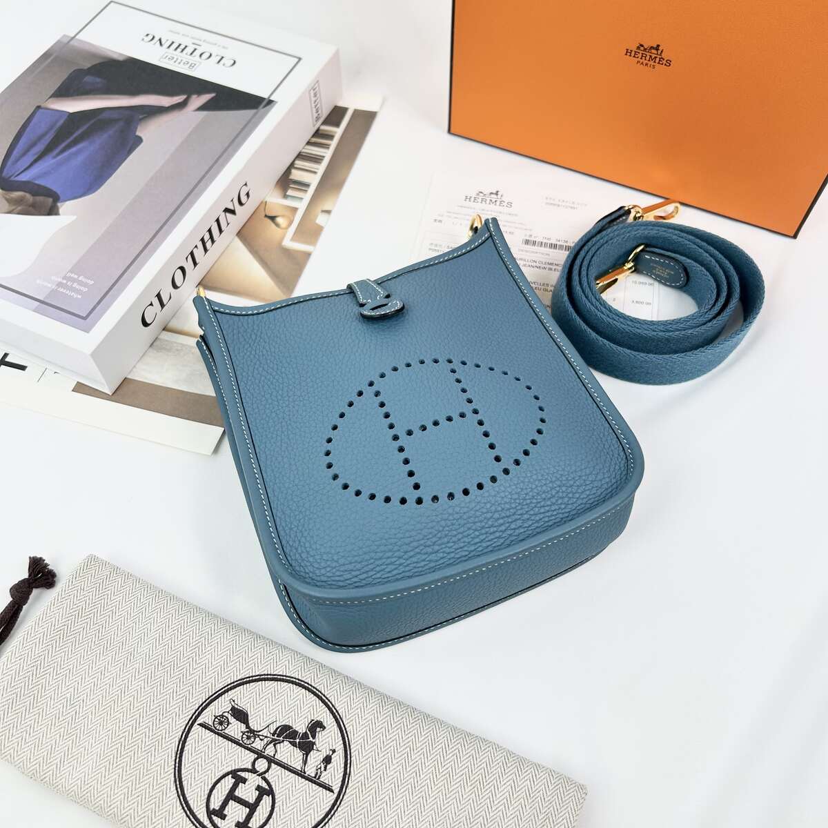 Hermès Evelyne 16, Bleu Jean Taurillon Clemence Leather, Gold Hardware, B Stamp