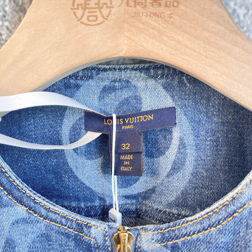 Louis Vuitton Monogram Denim Sleeveless Zip Front Mini Dress with Leather Belt